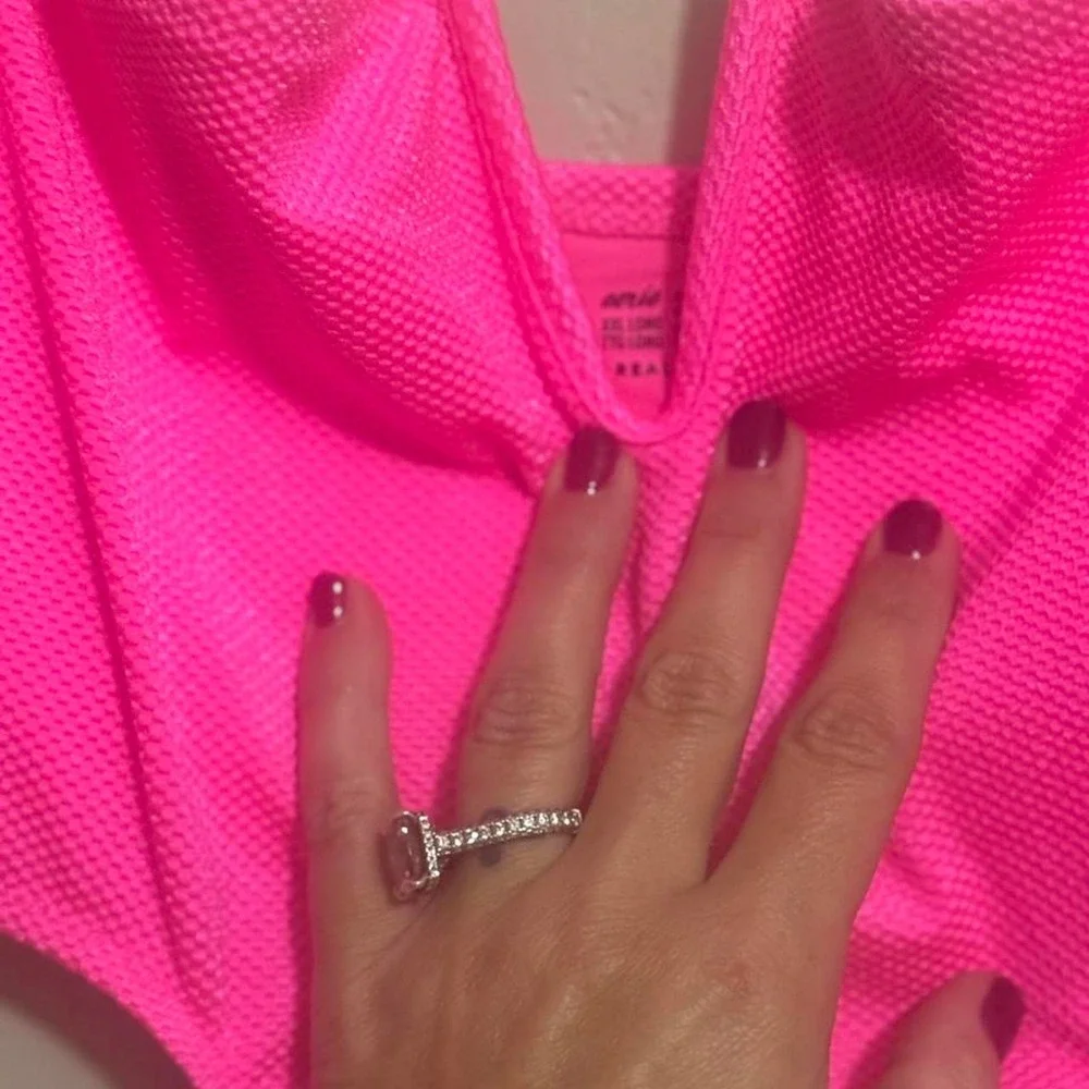 Aerie Neon Pink Textured One Piece Swimsuit XXL Long Cut Out Off Shoulder